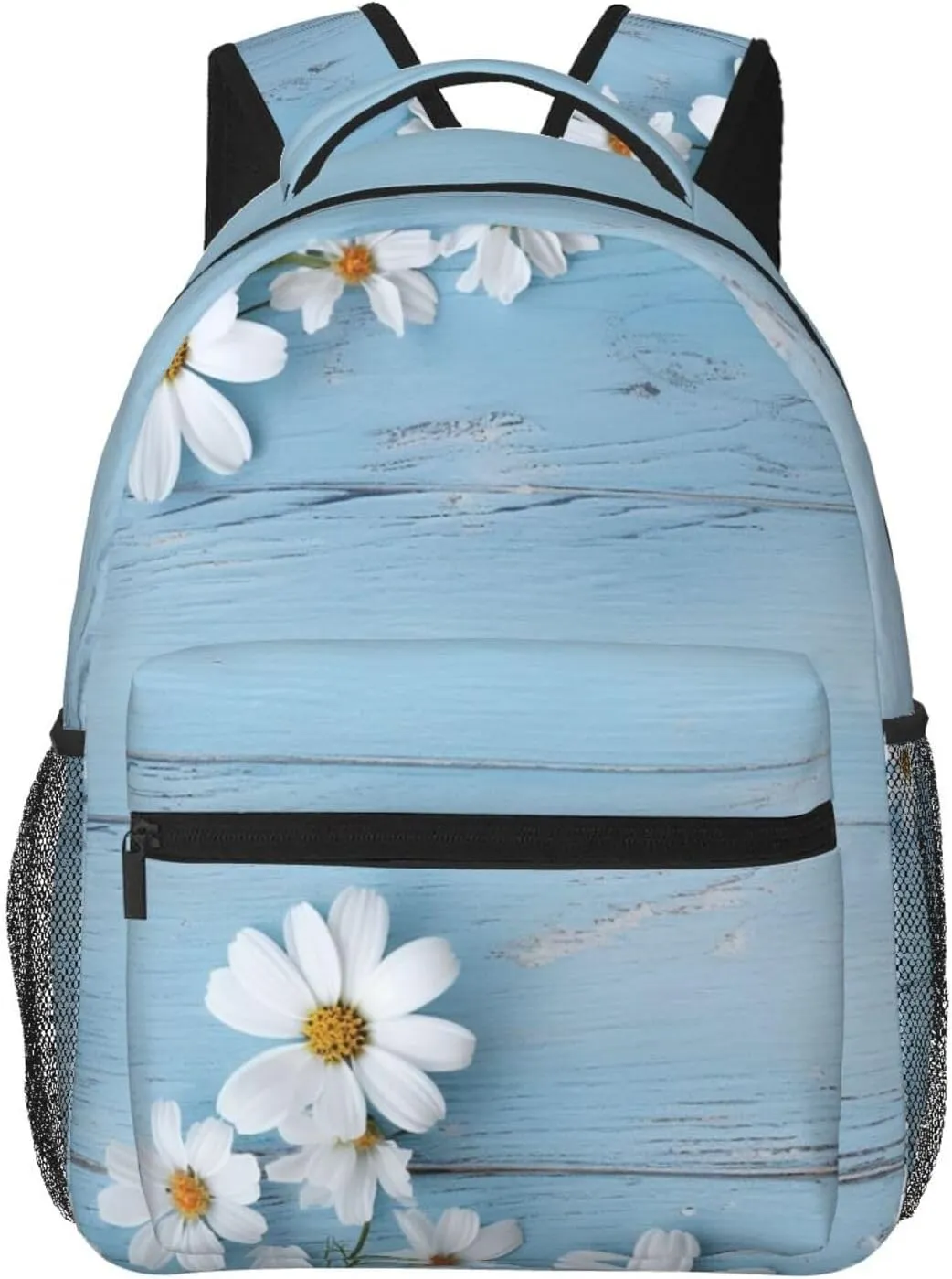 Travel Backpack for Women Men White Flowers Light Blue Wood Laptop Backpack Large College Bag Waterproof Casual Daypack