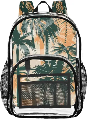 Travel Clear Backpack Floral Tropical Palm Trees Beige Orange Kids Girls Backpack Boys Large Plastic Approved Bag
