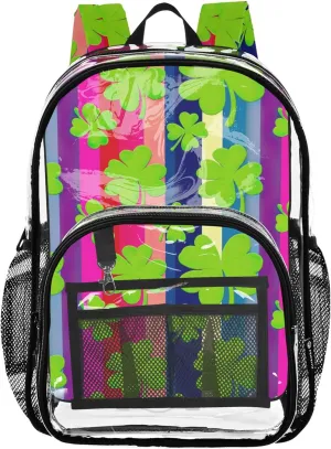 Travel Clear Bags for Women Girls Backpack Kids Boys Approved Shoulder Bag Green Shamrocks Colorful Striped