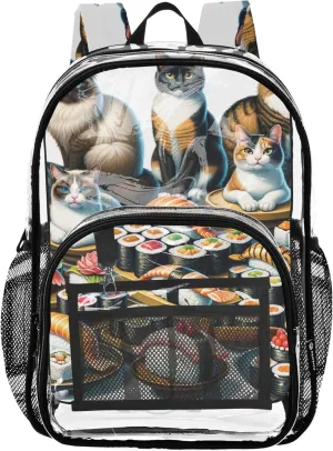 Travel Clear Bags for Women Girls Backpack Kids Boys Approved Shoulder Bag Sushi Cats Cute