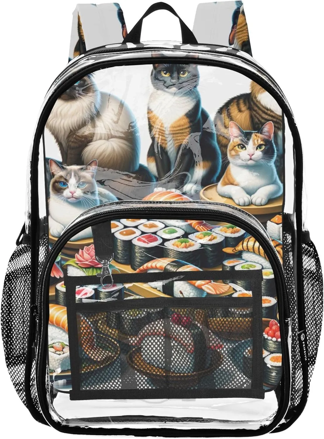 Travel Clear Bags for Women Girls Backpack Kids Boys Approved Shoulder Bag Sushi Cats Cute