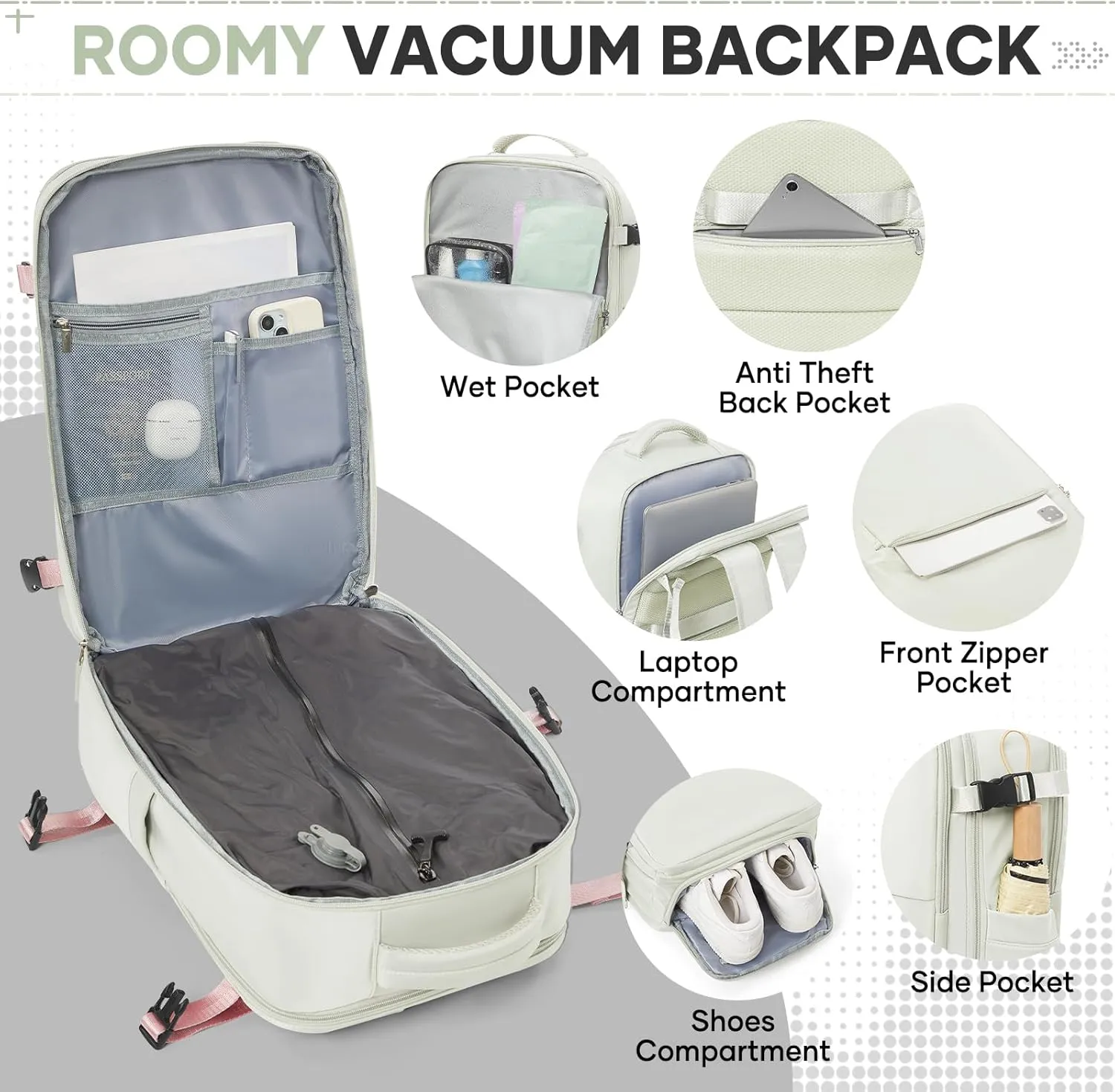 Vacuum Travel Backpack with Pump for Women Men, Carry on Air Backpack for Flight Approved, Personal Item Luggage Backpacks Bulto de Viaje Tiktok Backpacks - Light Green