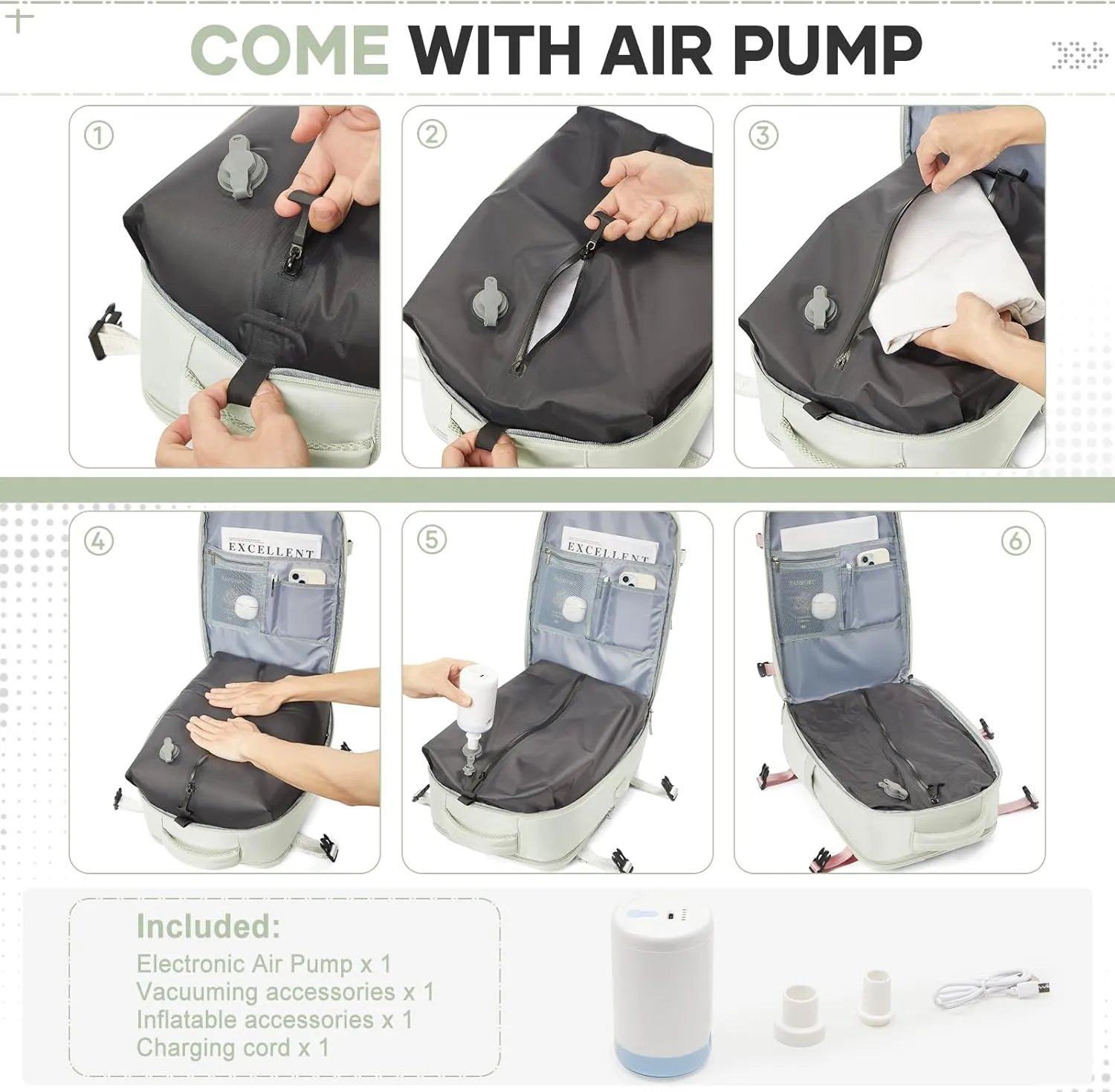 Vacuum Travel Backpack with Pump for Women Men, Carry on Air Backpack for Flight Approved, Personal Item Luggage Backpacks Bulto de Viaje Tiktok Backpacks - Light Green