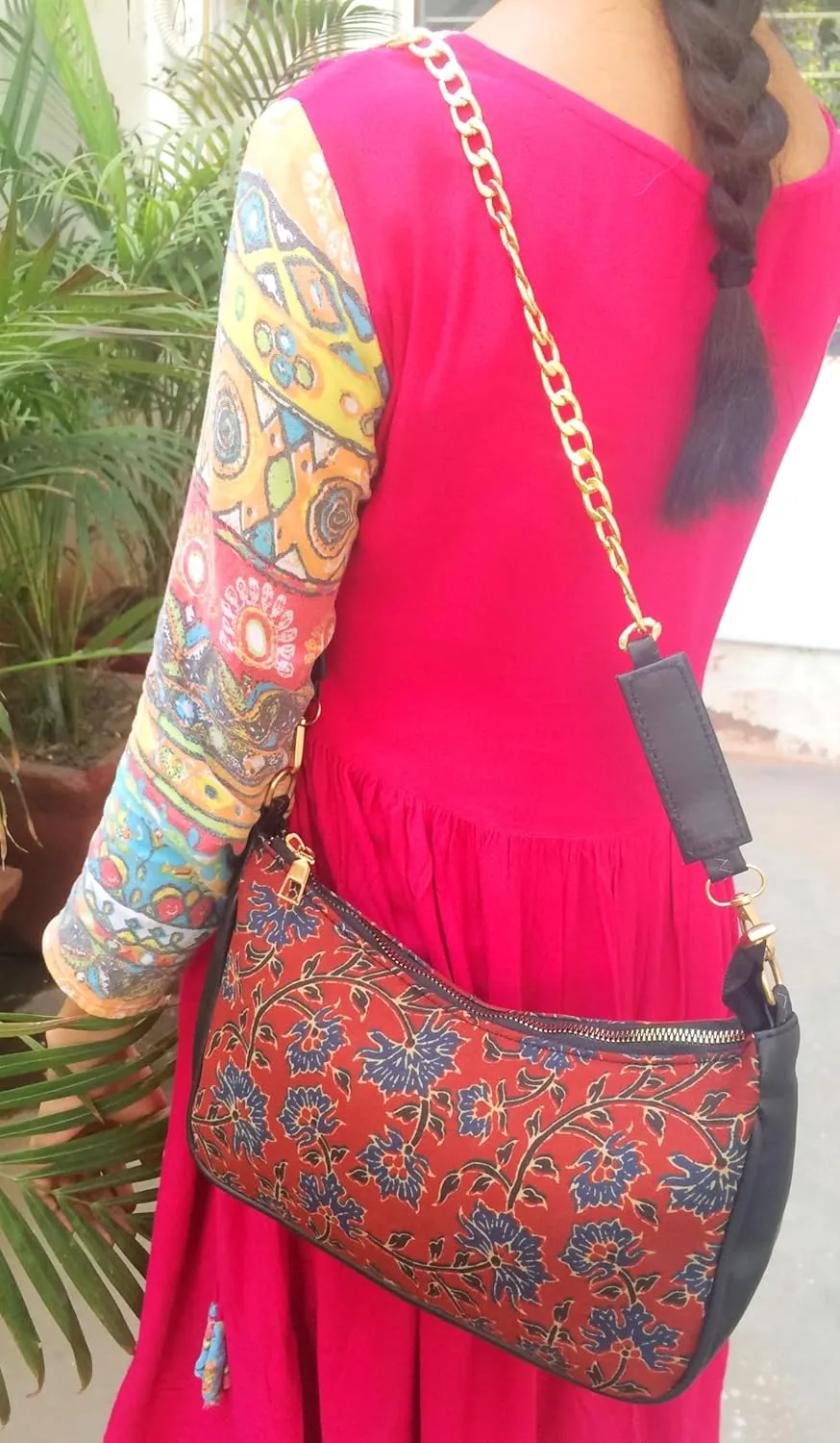 Vegan Leather Shoulder Bag Women Handbag Purse Organizer Cruelty Free Indian Handcrafted Cotton Fabric.