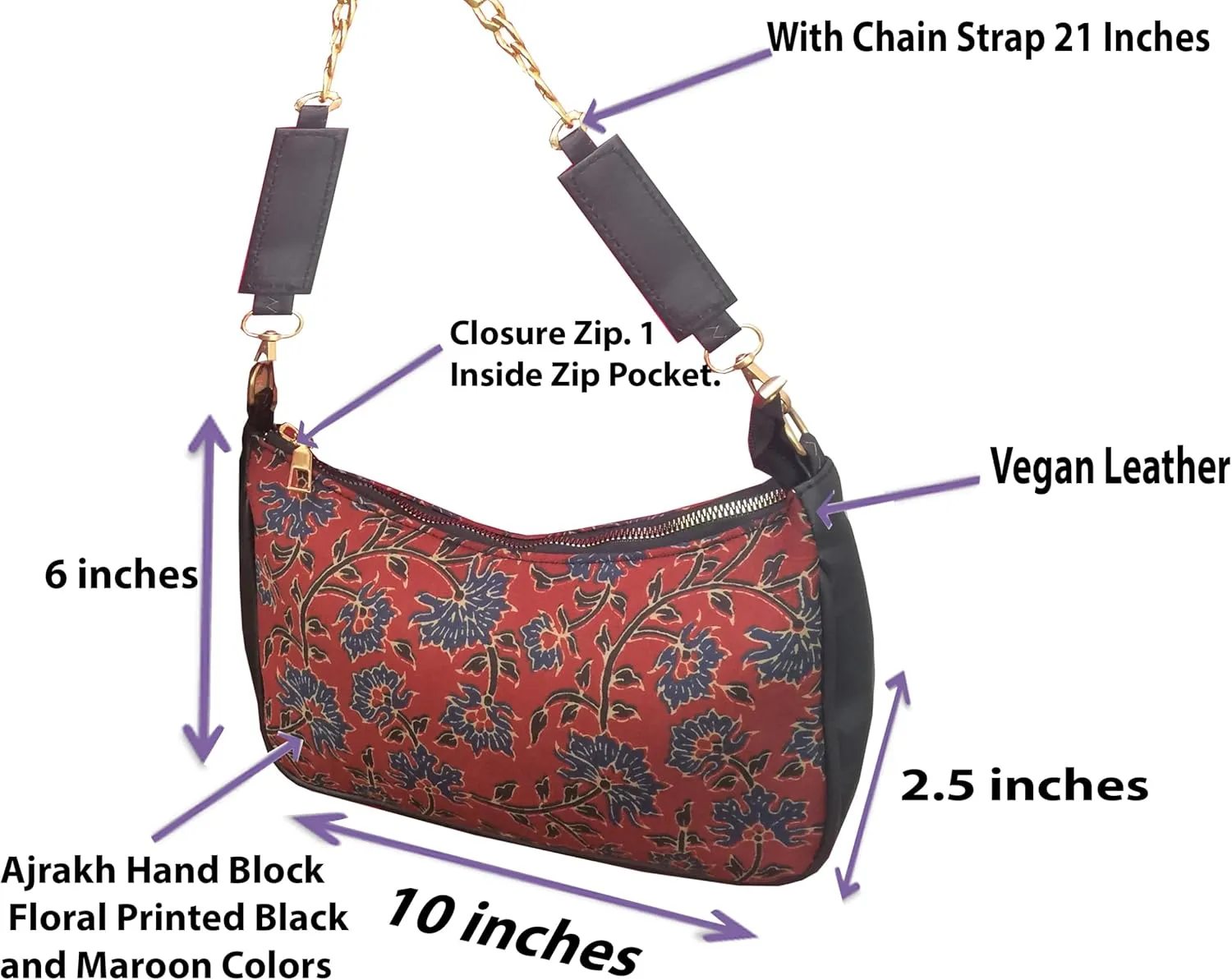 Vegan Leather Shoulder Bag Women Handbag Purse Organizer Cruelty Free Indian Handcrafted Cotton Fabric.