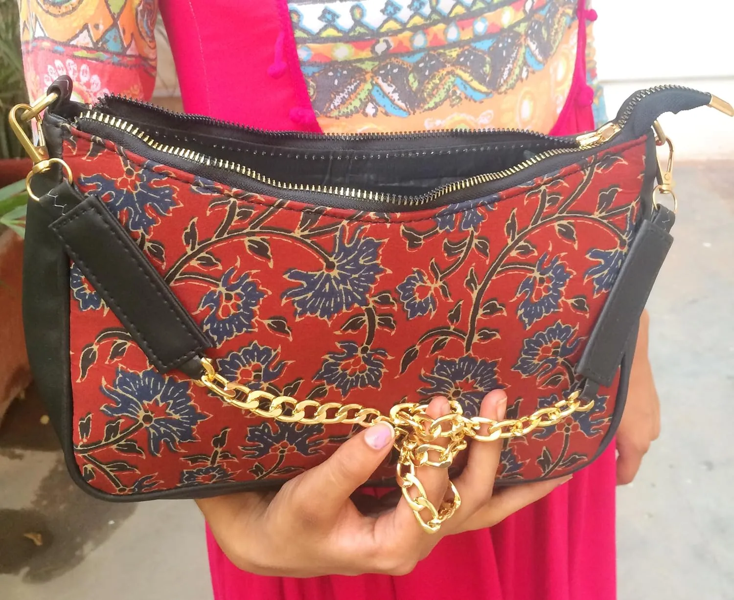 Vegan Leather Shoulder Bag Women Handbag Purse Organizer Cruelty Free Indian Handcrafted Cotton Fabric.
