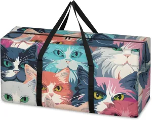 Watercolor Cat Extra Large Moving Bags Heavy Duty Storage Bags Graffiti Cat Cloth Wrap Around Handles Double Zipper Reusable Convenient Foldable Storage Tote for Travel Camping Space Save