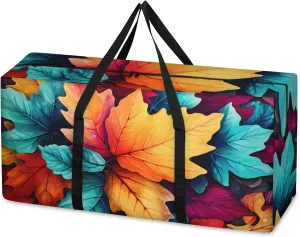 Watercolor Maple Leaves Extra Large Moving Bags Heavy Duty Storage Bags Colorful Leaves Cloth Wrap Around Handles Double Zipper Reusable Convenient Foldable Storage Tote for Travel Camping Space Save