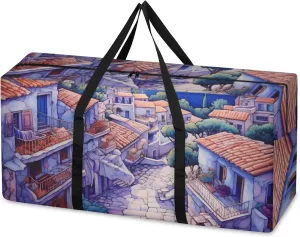 Watercolor Village Extra Large Moving Bags Heavy Duty Storage Bags Fantastic Village Cloth Wrap Around Handles Double Zipper Reusable Convenient Foldable Storage Tote for Travel Camping Space Save