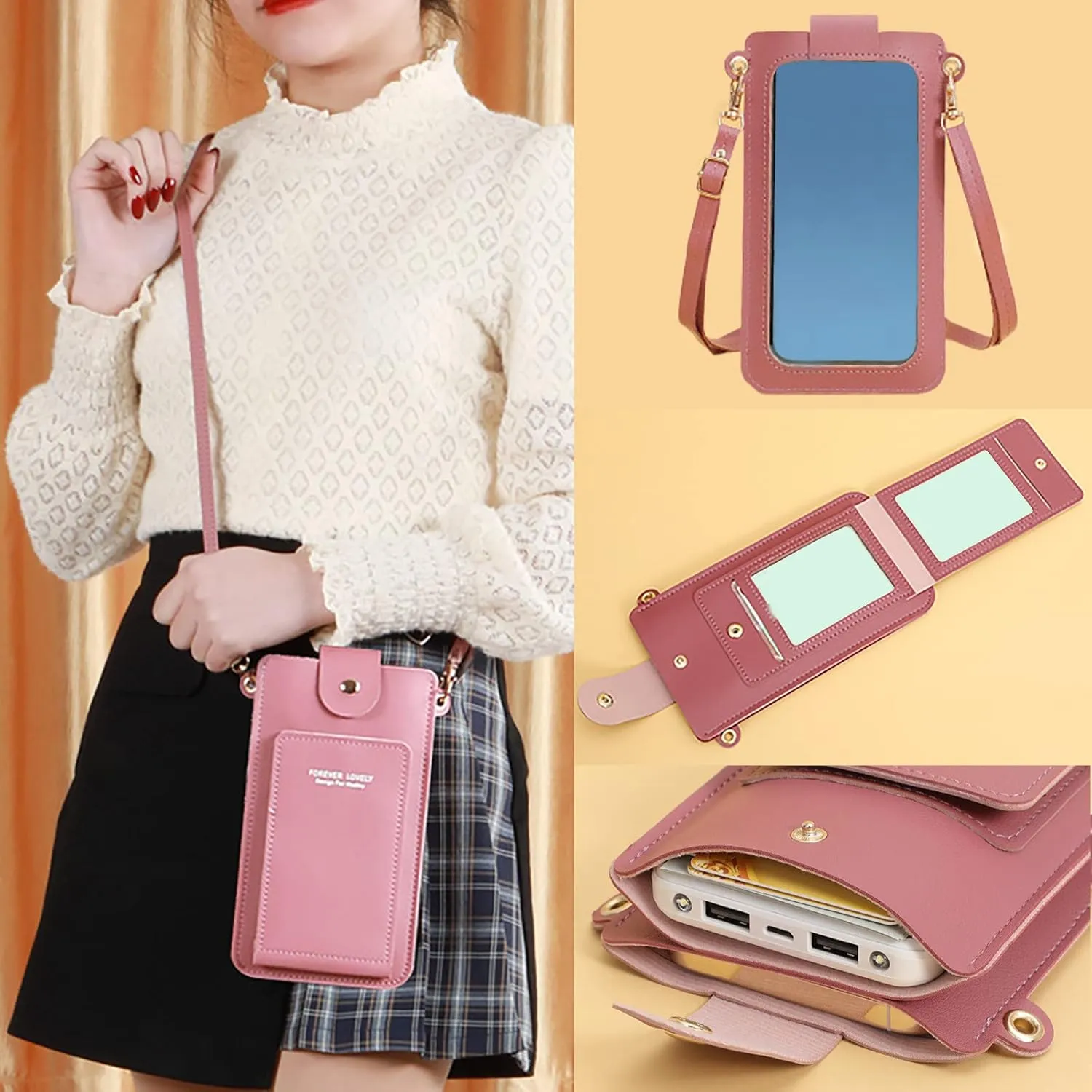 Women Artificial Leather Solid Color Hasp Transparent Operation Ccreen Phone Bag Shoulder Bag Messenger (E, One Size)