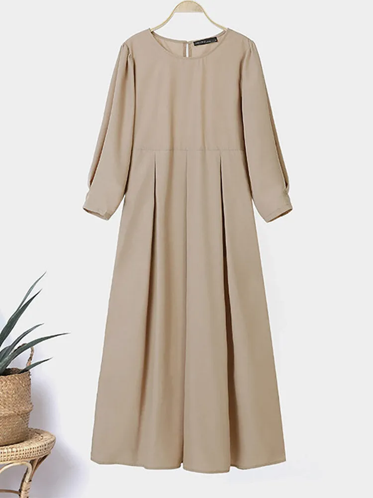 Women Long Sleeve Shirt Pockets Solid Ankle Length Midi Dresses
