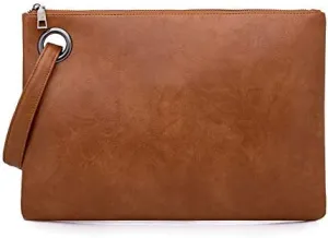Women Oversized Clutch Purse Vintage Soft Leather Evening Bags Purse Retro Daily Envelope Wristlet Handbags For Men (Beige)