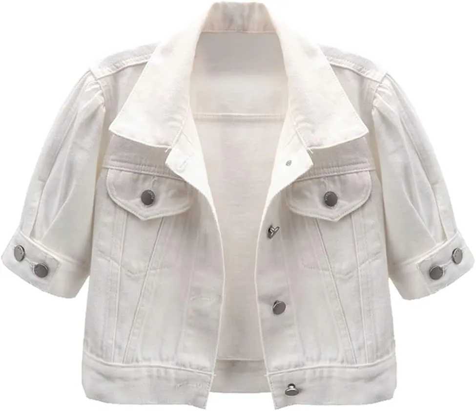 Women Short Sleeve Washed Denim Jacket Brown Summer Shawl