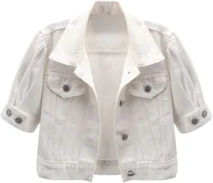 Women Short Sleeve Washed Denim Jacket Brown Summer Shawl