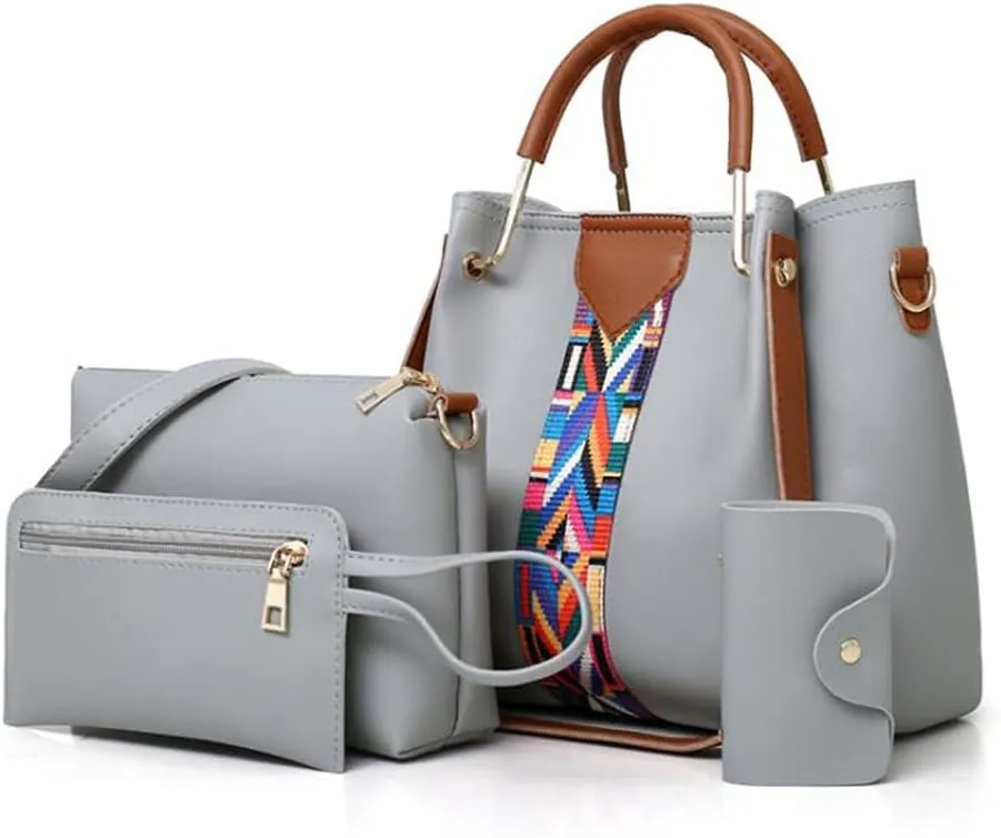 Women Soft Synthetic Patnet Leather Tote Satchel Crossbody Bag 4pcs Simple Clutches Shoulder Handbags