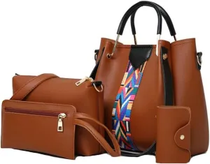 Women Soft Synthetic Patnet Leather Tote Satchel Crossbody Bag 4pcs Simple Clutches Shoulder Handbags