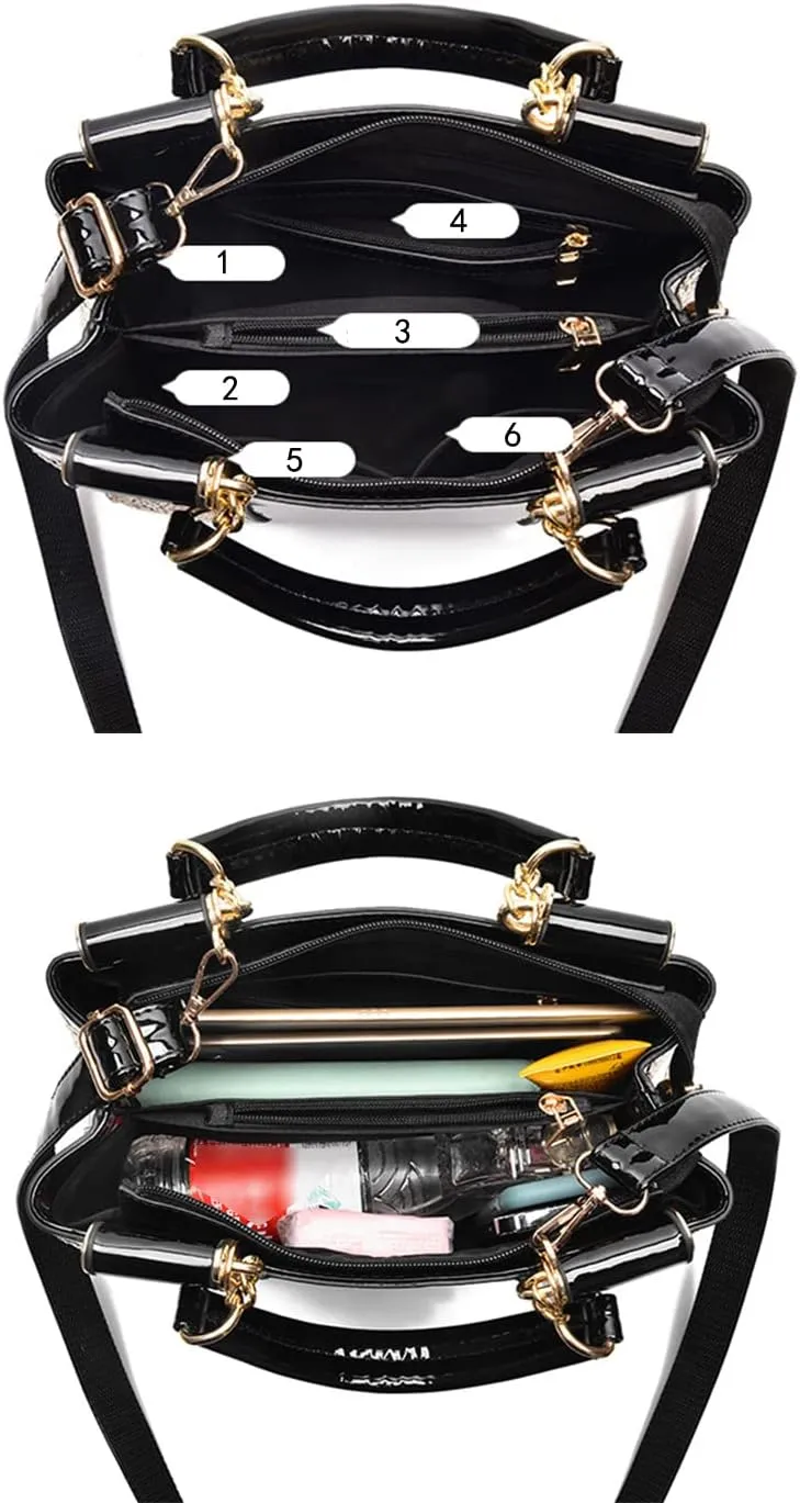Women Synthetic Patent Bright Leather Portable Personality Tote Hobo Shoulder Crossbody Clutches Handbags