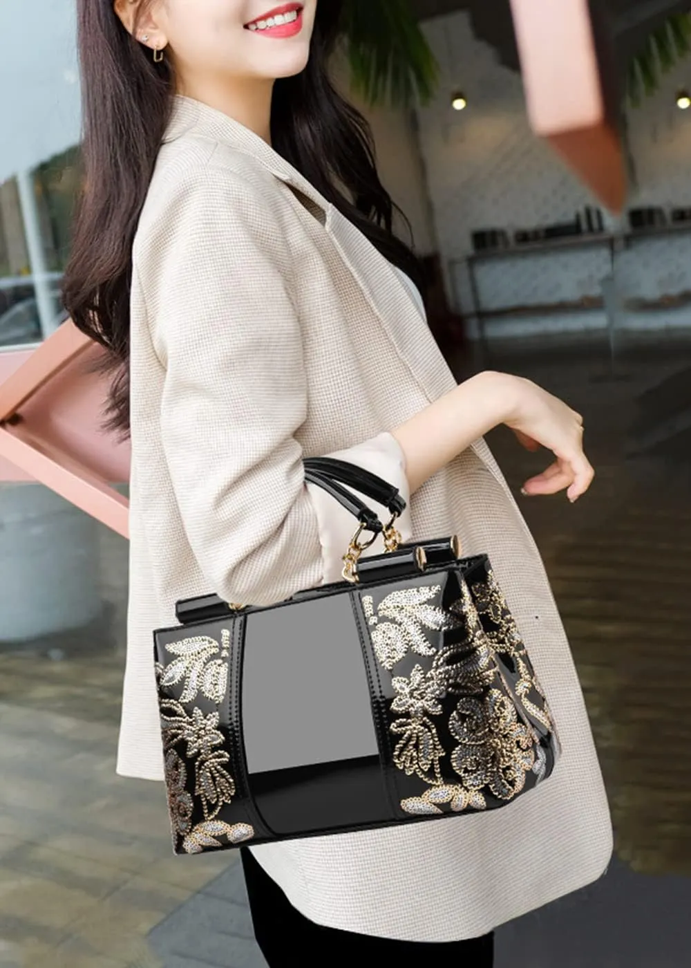 Women Synthetic Patent Bright Leather Portable Personality Tote Hobo Shoulder Crossbody Clutches Handbags
