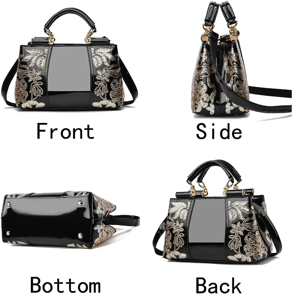 Women Synthetic Patent Bright Leather Portable Personality Tote Hobo Shoulder Crossbody Clutches Handbags