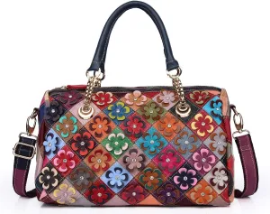 Womens Multicolor Floral Boston Bag Genuine Leather Splicing Hobo Shoulder Bags