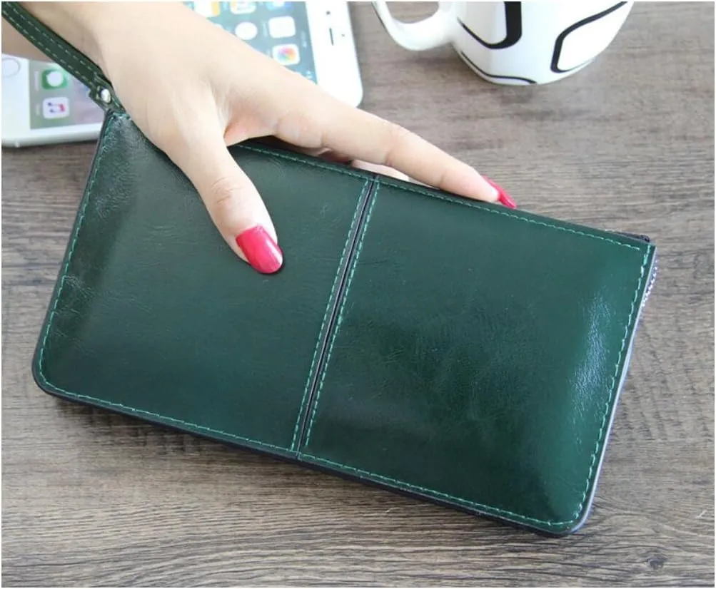 Women's Solid Color PU Leather Wristlet Clutches Purse Wallet Credit ID Cards Holder