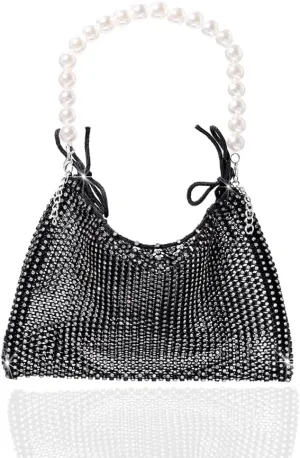 Women's Sparkly Hand Bag Rhinestone Purses Bling Crystal Mini Bags with Pearl Bracelet Evening Partynight Clutches