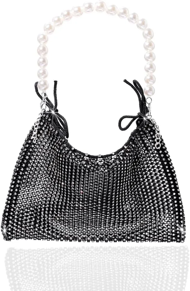 Women's Sparkly Hand Bag Rhinestone Purses Bling Crystal Mini Bags with Pearl Bracelet Evening Partynight Clutches