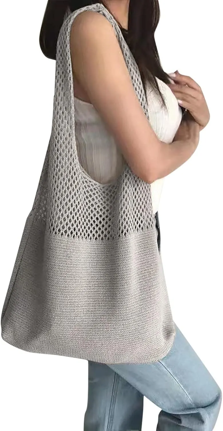 Women's Spring/Summer Portable Retro Hollow Knitted Handheld One Shoulder Vest Bag Women Shoulder Bags (Grey, One Size)