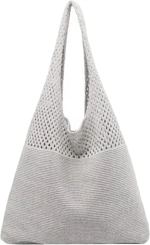 Women's Spring/Summer Portable Retro Hollow Knitted Handheld One Shoulder Vest Bag Women Shoulder Bags (Grey, One Size)