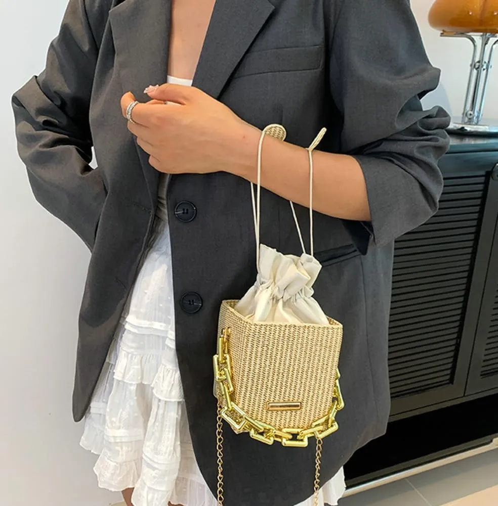 Womens Trendy Shoulder Crossbody Bag PU Leather Y2k Bucket Purse Mini Totes Woven Handbag Satchel