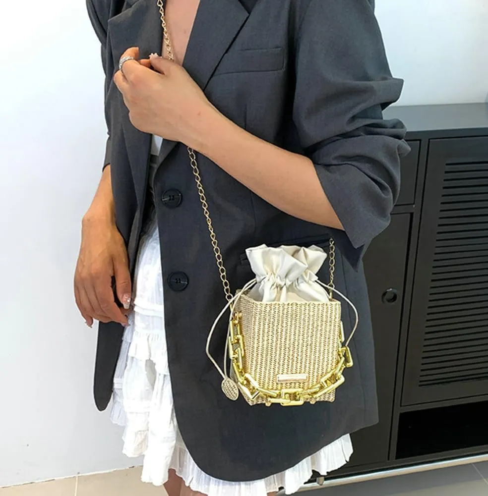 Womens Trendy Shoulder Crossbody Bag PU Leather Y2k Bucket Purse Mini Totes Woven Handbag Satchel