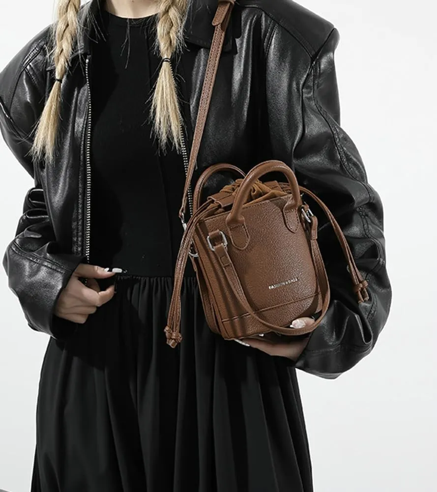 Women's Vegan Leather Handbag Crossbody Shouler Bag Bucket Totes Small Purse Y2k Satchel with Drawstring