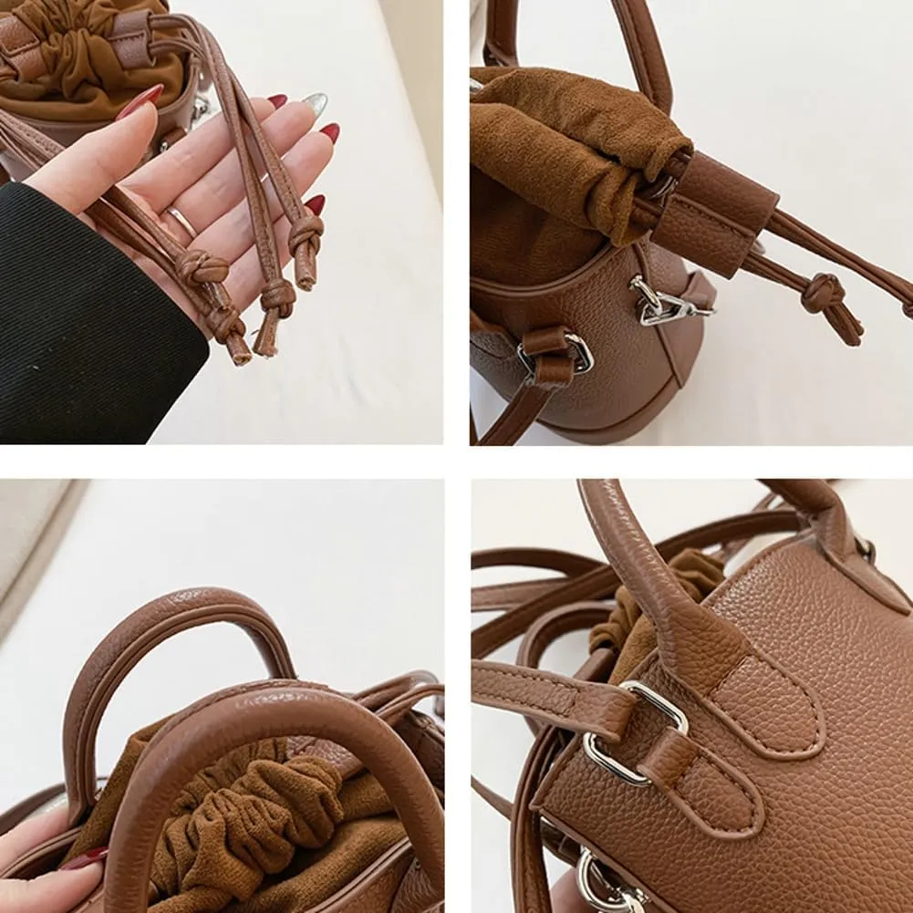 Women's Vegan Leather Handbag Crossbody Shouler Bag Bucket Totes Small Purse Y2k Satchel with Drawstring