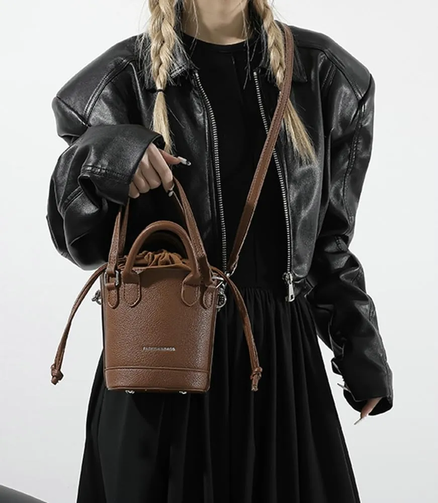 Women's Vegan Leather Handbag Crossbody Shouler Bag Bucket Totes Small Purse Y2k Satchel with Drawstring