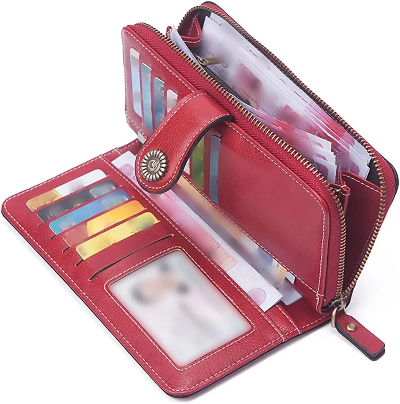 Womens Wallets Small PU Leather Wallets Ladies Wristlet with Card Slots id Window Zipper Coin Purse Holder Purse