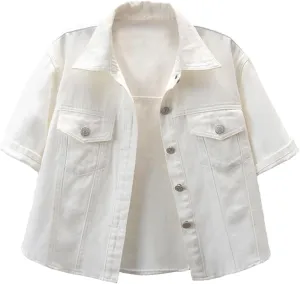 Women's White Short Sleeve Denim Shawl Button Front Casual Denim Jacket