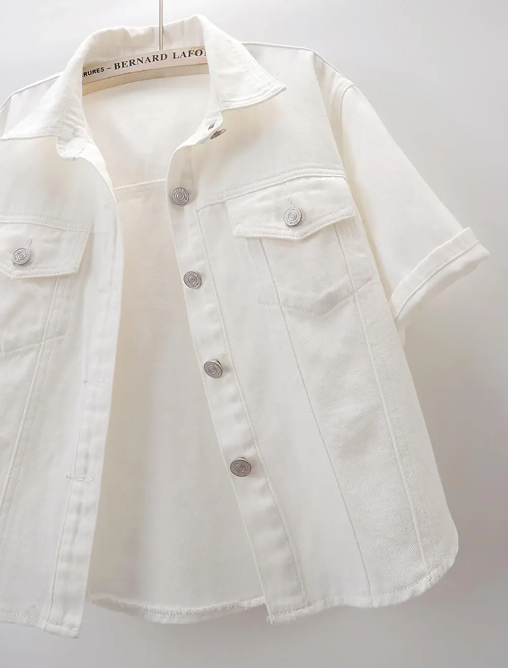 Women's White Short Sleeve Denim Shawl Button Front Casual Denim Jacket