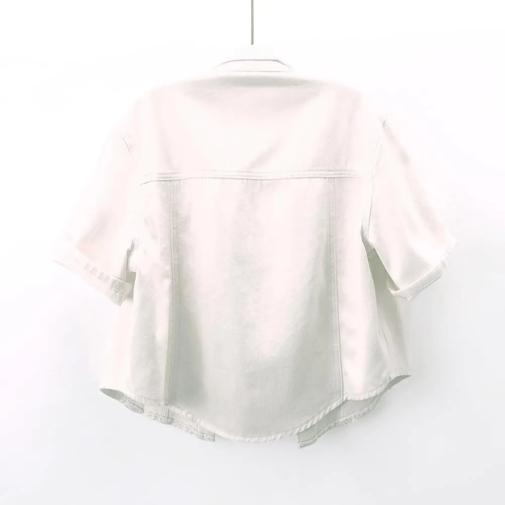 Women's White Short Sleeve Denim Shawl Button Front Casual Denim Jacket