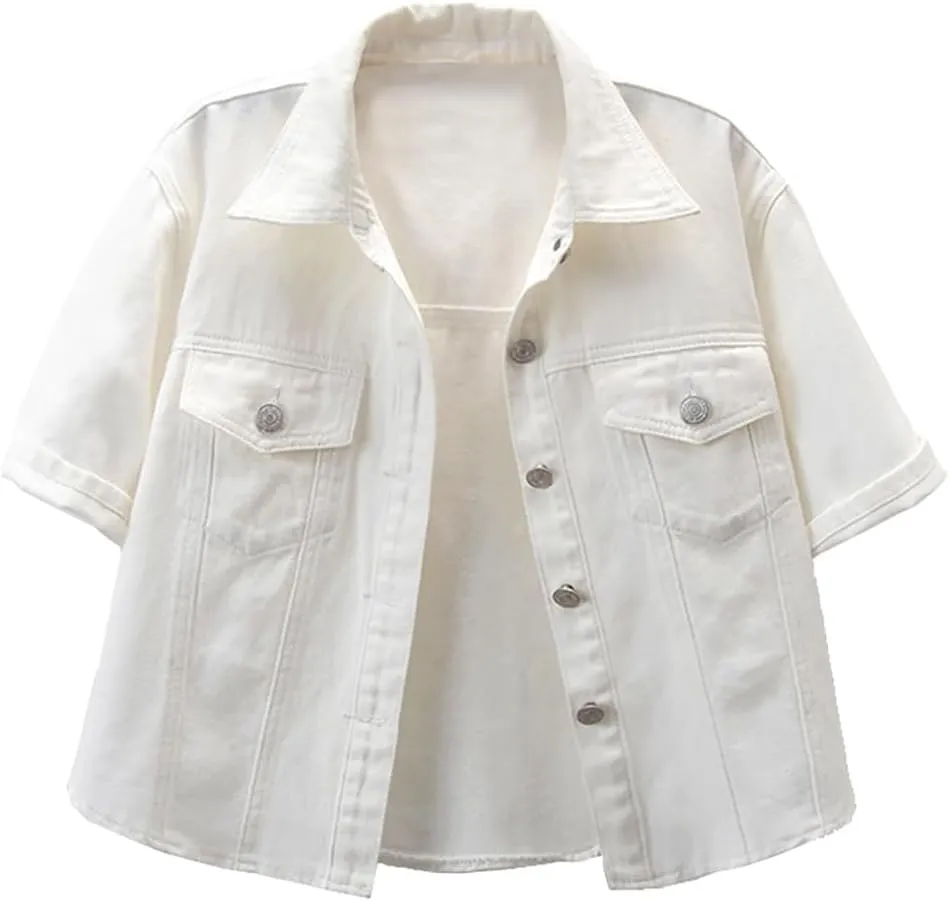 Women's White Short Sleeve Denim Shawl Button Front Casual Denim Jacket