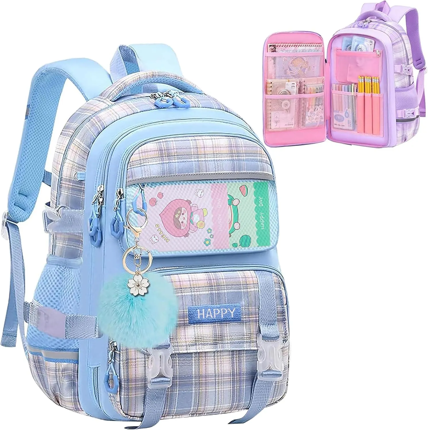 WYCY School Backpacks for Girls Kawaii Backpack Large Capacity Kids School Bag for Girls 6-12 Years Old (Plaid Blue)