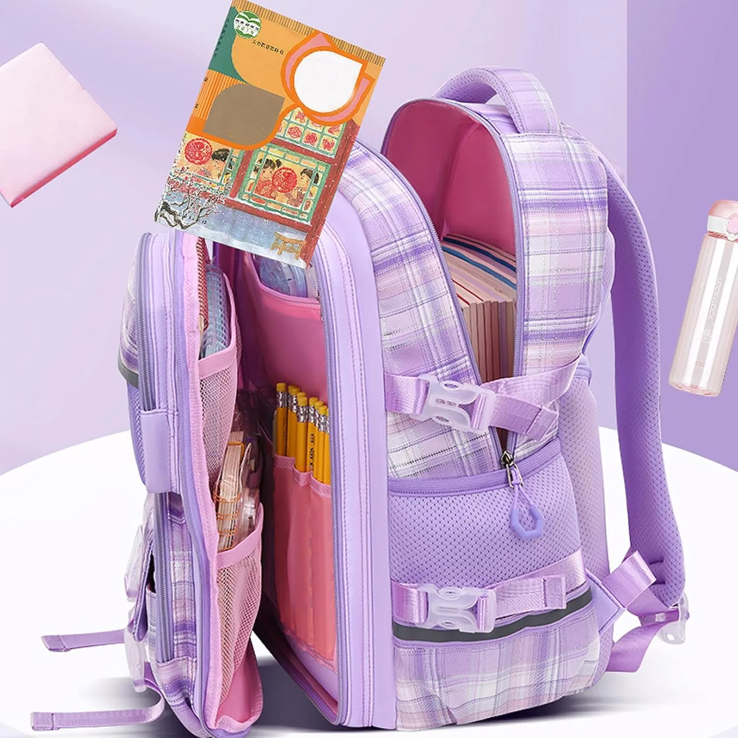 WYCY School Backpacks for Girls Kawaii Backpack Large Capacity Kids School Bag for Girls 6-12 Years Old (Plaid Blue)