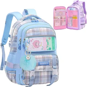 WYCY School Backpacks for Girls Kawaii Backpack Large Capacity Kids School Bag for Girls 6-12 Years Old (Plaid Blue)