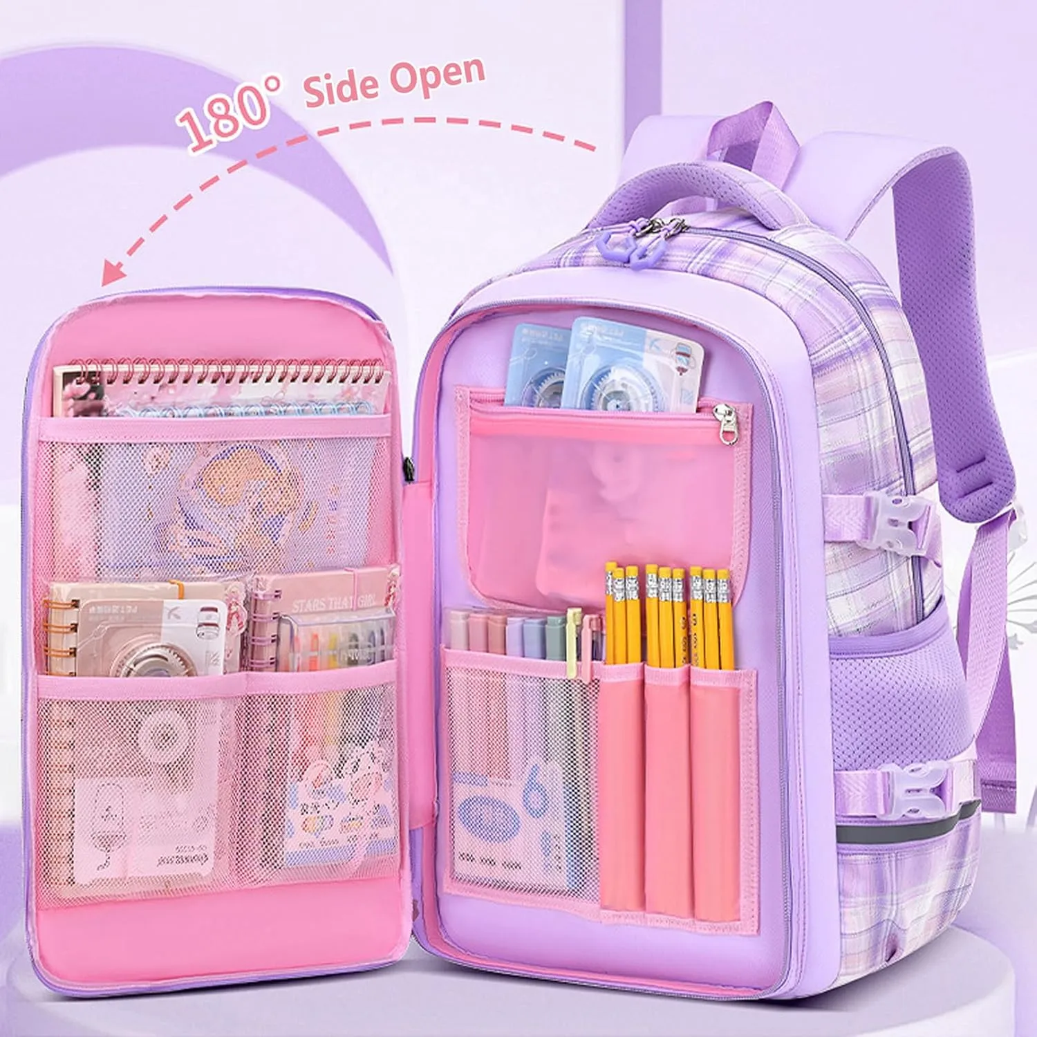 WYCY School Backpacks for Girls Kawaii Backpack Large Capacity Kids School Bag for Girls 6-12 Years Old (Plaid Blue)