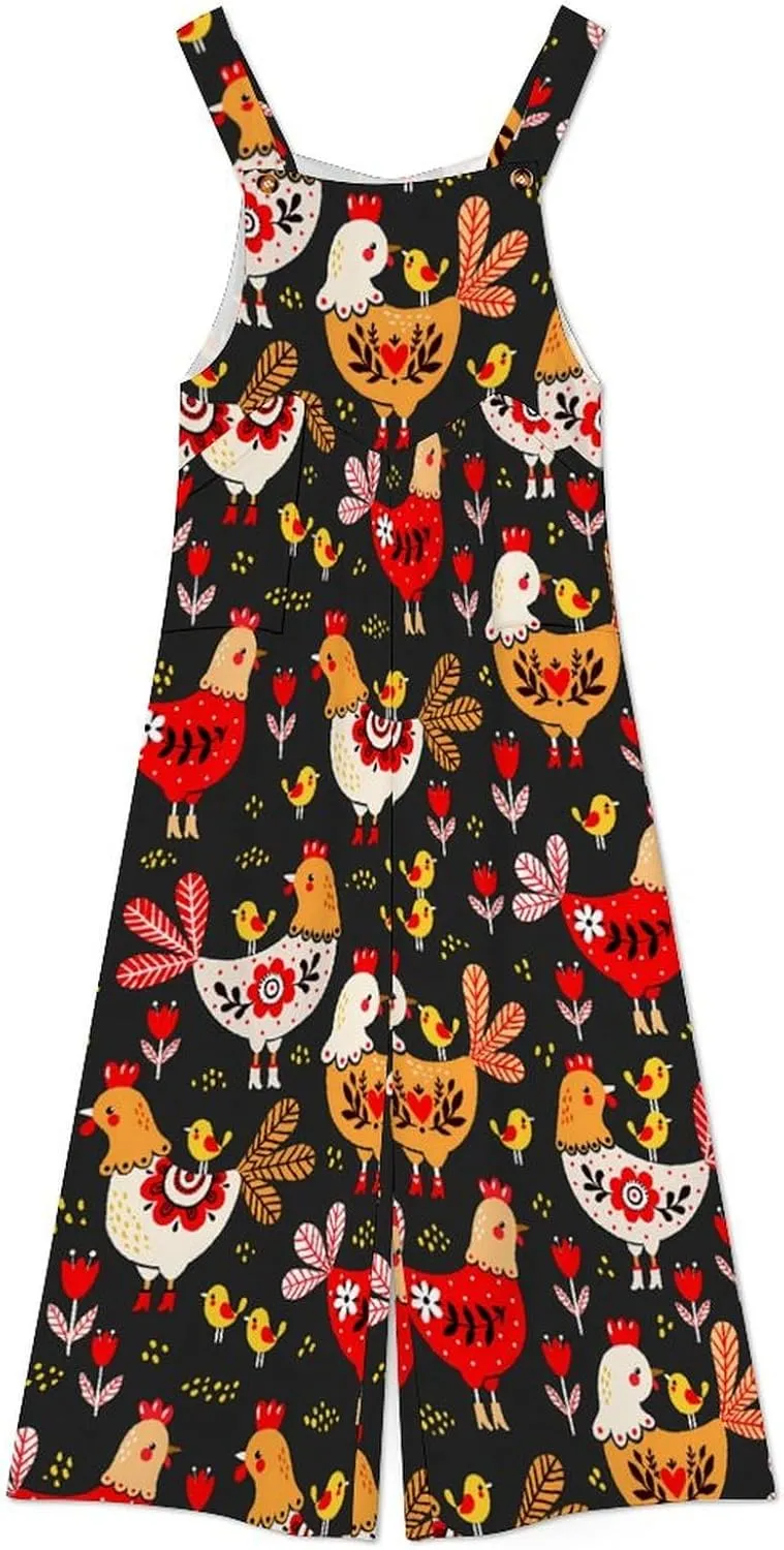Yellow White Chicken Suspender Jumpsuit Womans Long Slings Overalls Coverall Casual Loose Sleeveless Wide Leg Romper