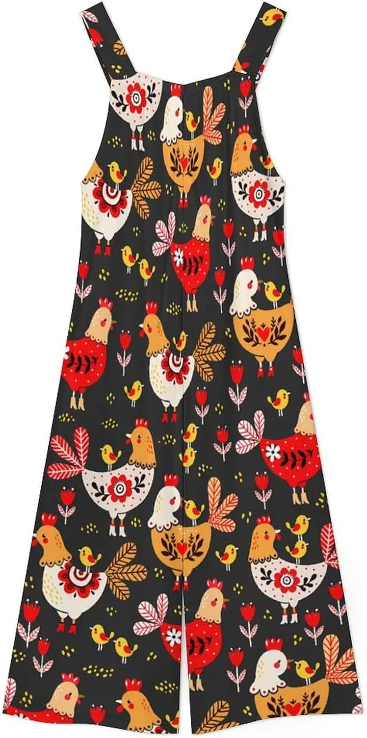 Yellow White Chicken Suspender Jumpsuit Womans Long Slings Overalls Coverall Casual Loose Sleeveless Wide Leg Romper