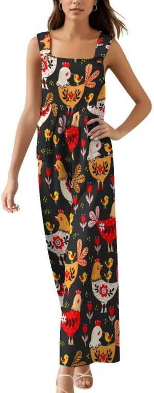 Yellow White Chicken Suspender Jumpsuit Womans Long Slings Overalls Coverall Casual Loose Sleeveless Wide Leg Romper