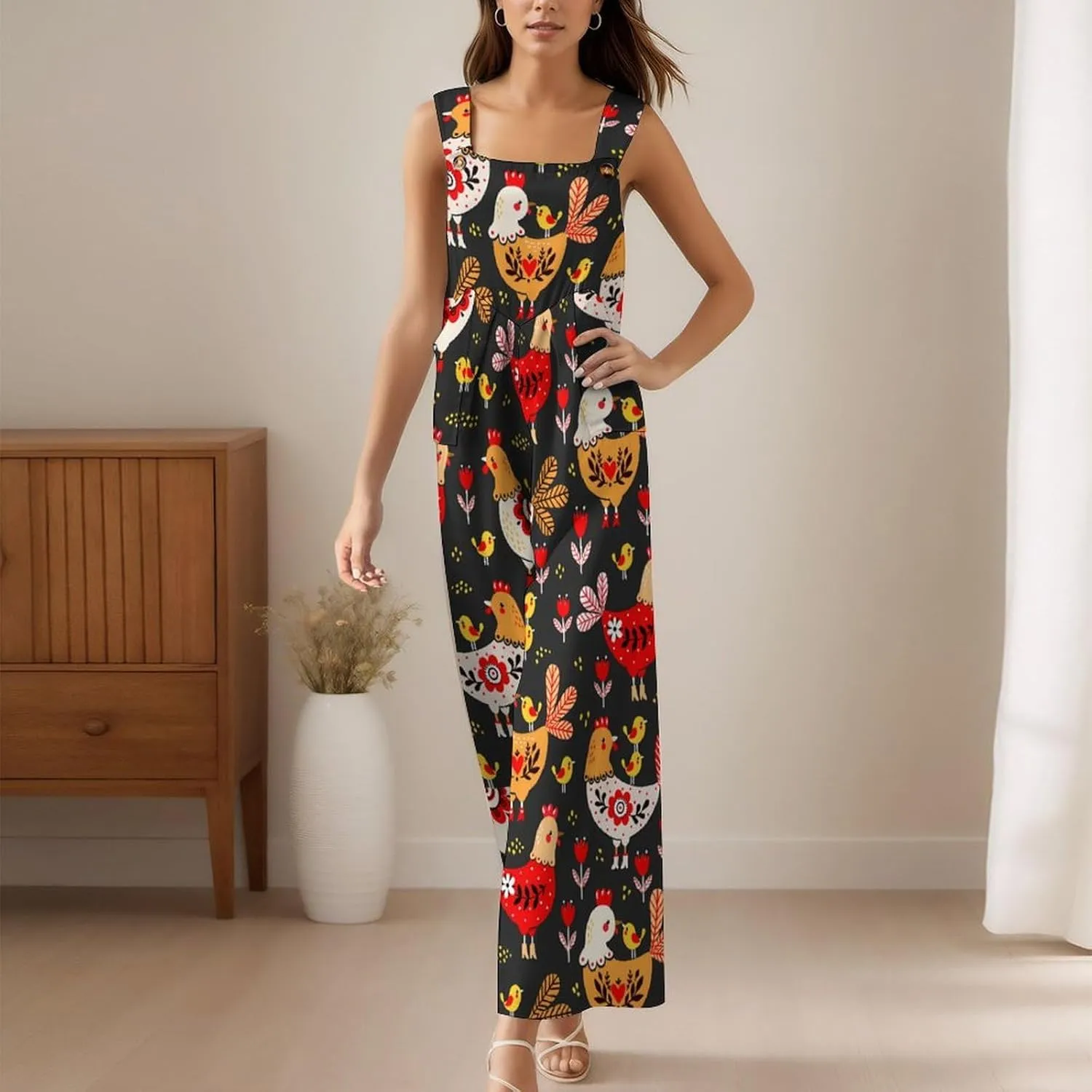 Yellow White Chicken Suspender Jumpsuit Womans Long Slings Overalls Coverall Casual Loose Sleeveless Wide Leg Romper