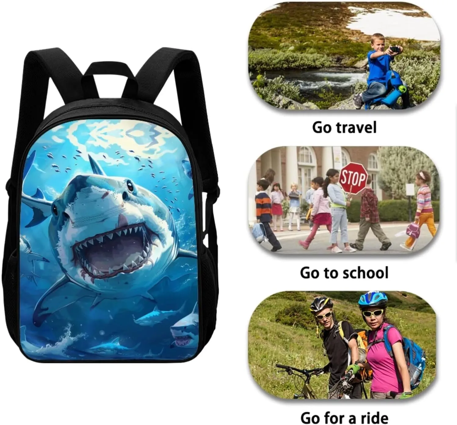 Ystardream Cool Shark Backpack for Boys School Bag Set with Lunchbox and Pencil Bag, 3 Pcs Set Bookbag Travel Daypack Laptop Backpack for Kids Girls Boys Preschool Backpack Boys 17 inch