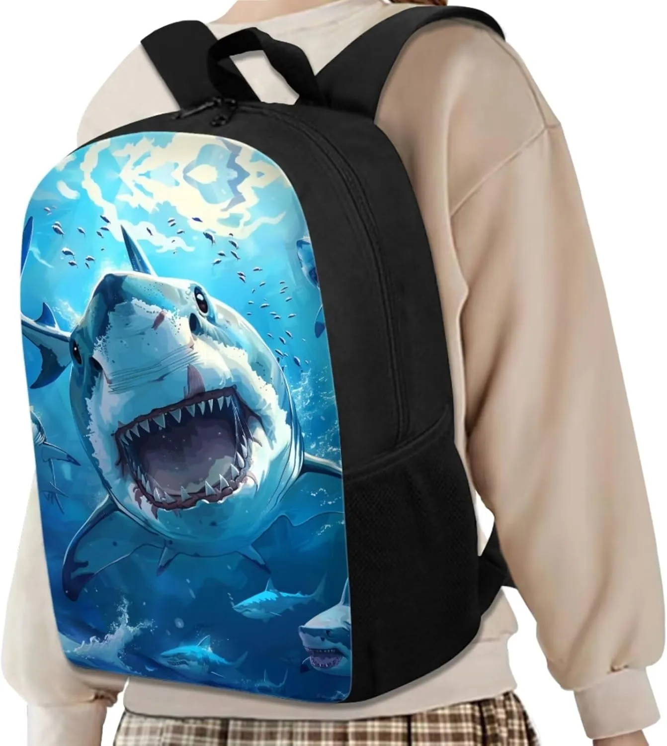 Ystardream Cool Shark Backpack for Boys School Bag Set with Lunchbox and Pencil Bag, 3 Pcs Set Bookbag Travel Daypack Laptop Backpack for Kids Girls Boys Preschool Backpack Boys 17 inch
