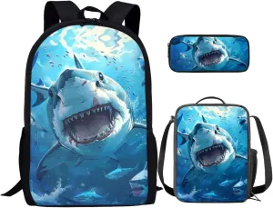 Ystardream Cool Shark Backpack for Boys School Bag Set with Lunchbox and Pencil Bag, 3 Pcs Set Bookbag Travel Daypack Laptop Backpack for Kids Girls Boys Preschool Backpack Boys 17 inch